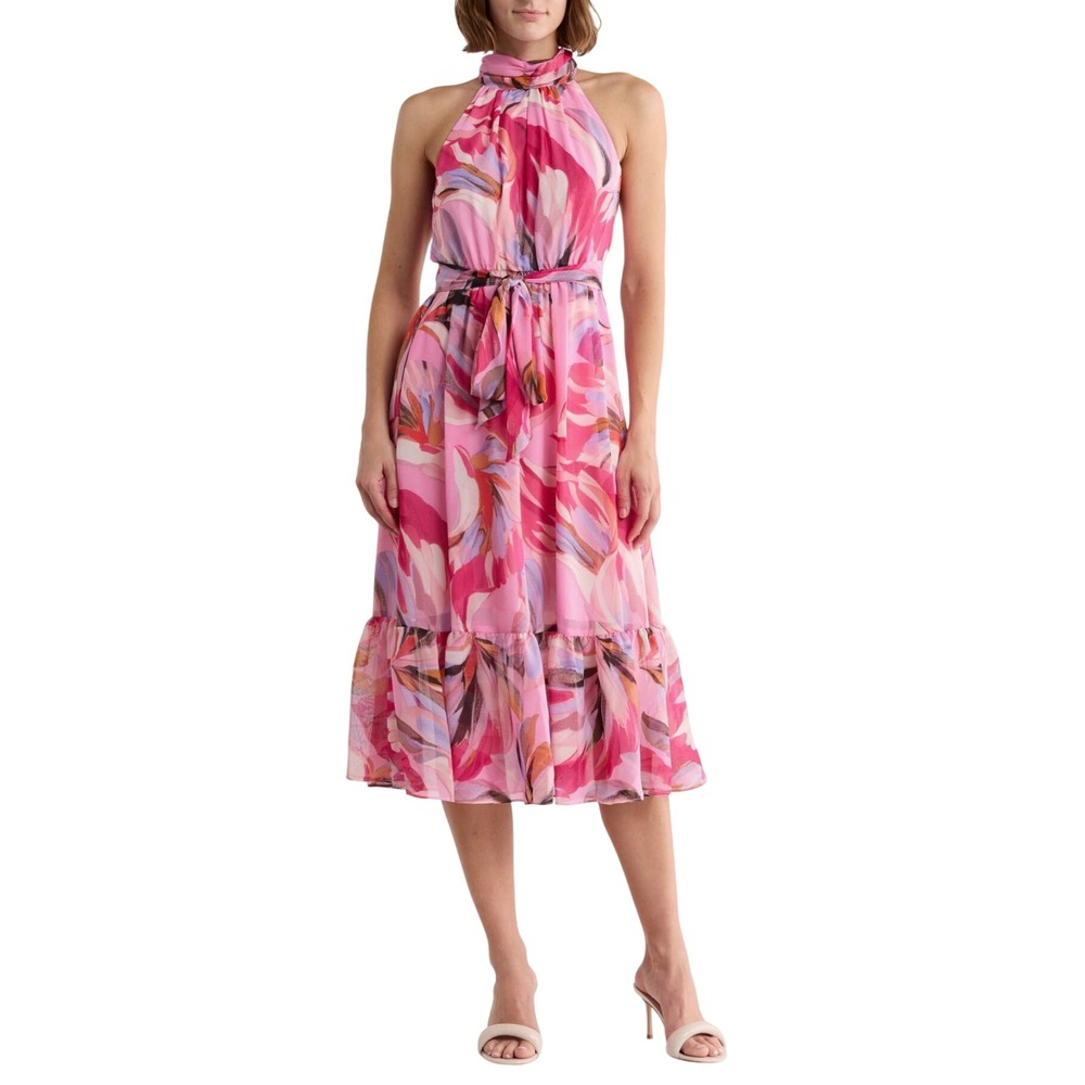 Eliza J Floral Halter Pink Midi Dress Tie Waist Tiered Ruffle Womens Size 8